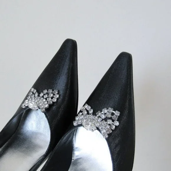 STUART WEITZMEN Classic Black Pointed Toe Pumps Crystal Charm Fringe Heels - Picture 8 of 15